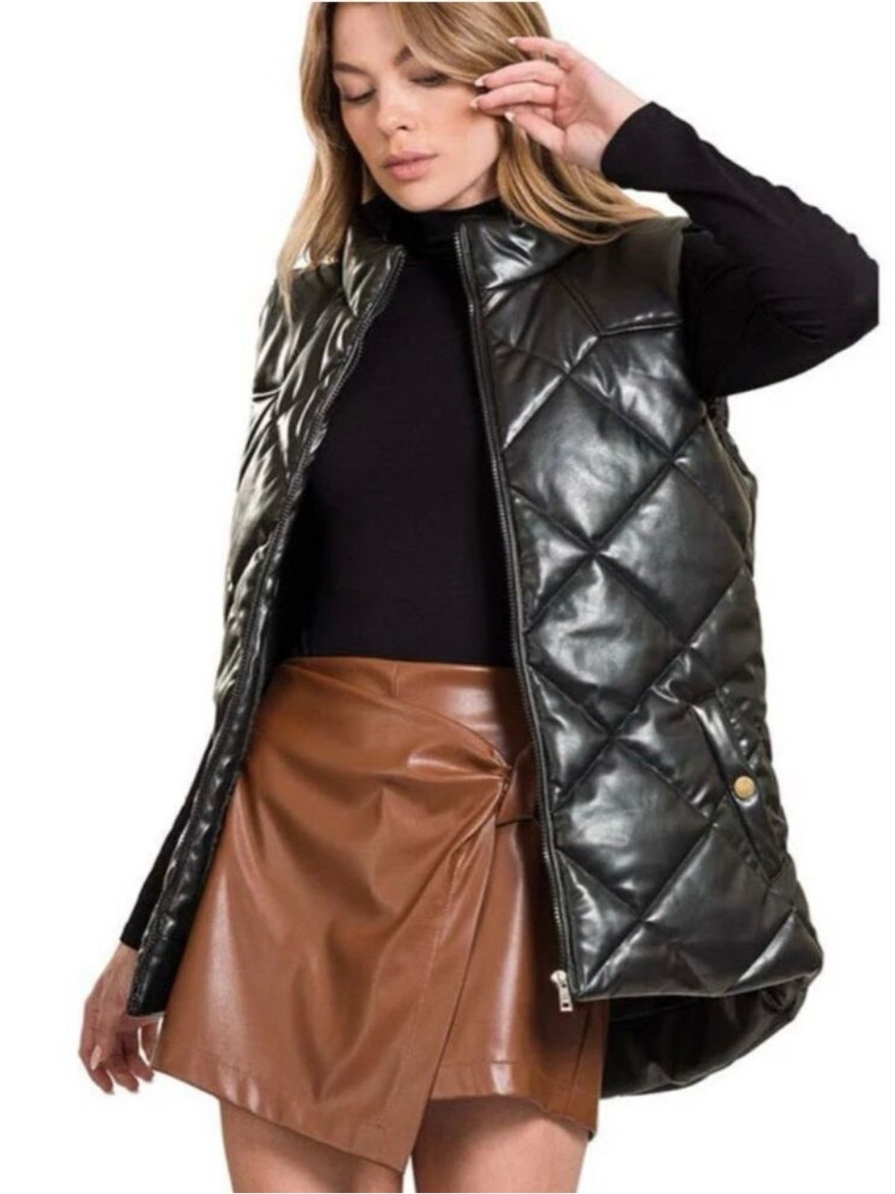 Zenana Black Faux Leather Quilted Puffer Vest Women’s Large